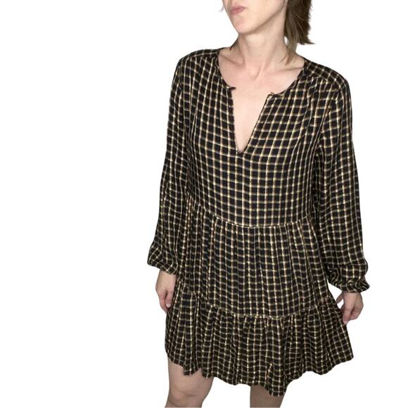 LOFT Navy Blue Metallic Gold Plaid Tiered Shirt Long-Sleeved Dress Small Prairie - Picture 1 of 14